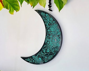 Cresent Moon, Moon Hanging, Floral Moon, Mint and Black Moon, Moon wall hanging