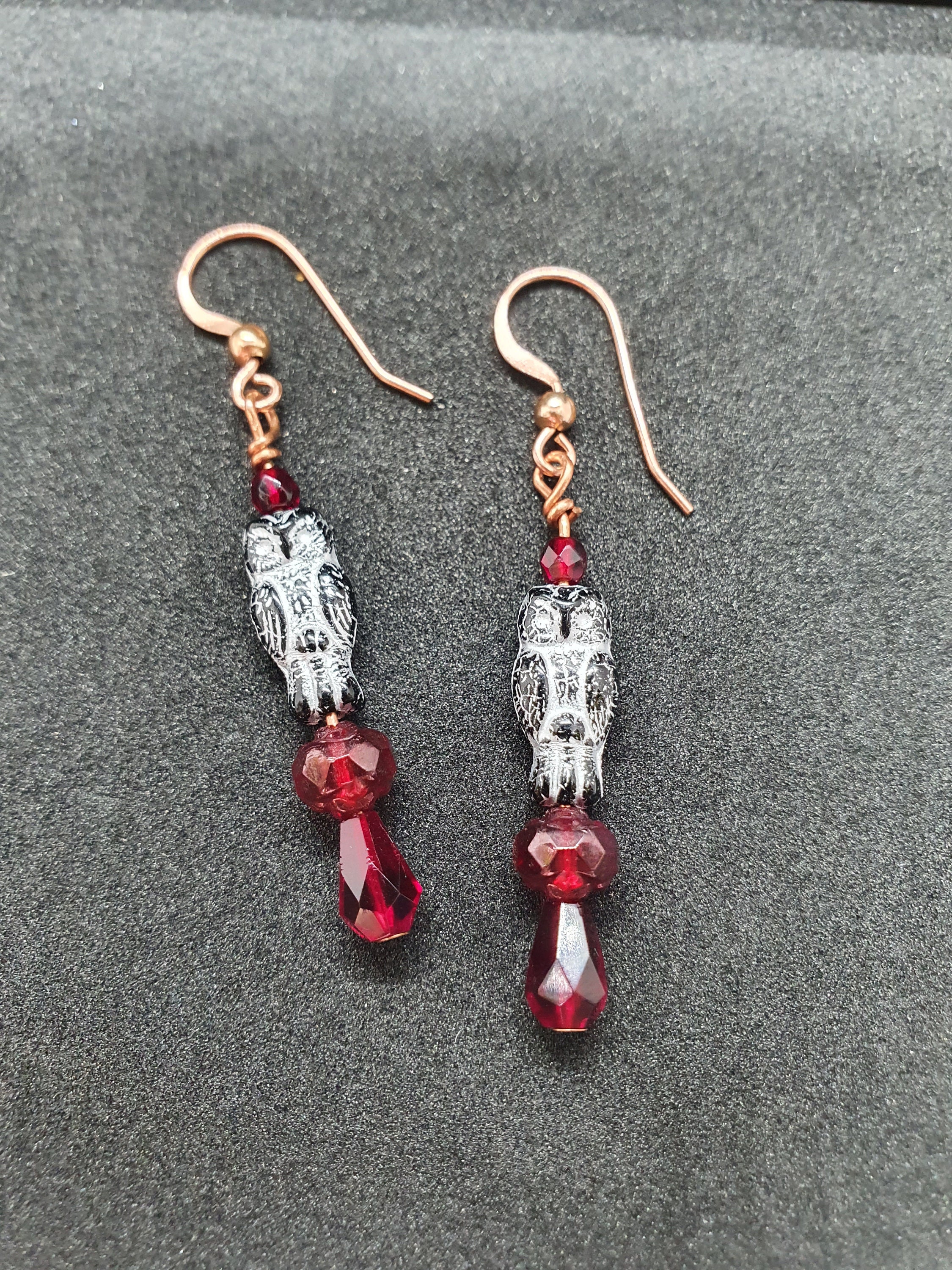 Gothic black owl and blood red rose drop copper dangle earrings.