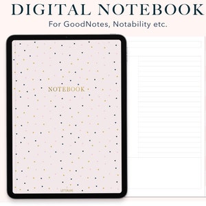 May include: A digital notebook on a tablet with a pink cover scattered with gold and black triangles. The word "NOTEBOOK" is in gold. The text "DIGITAL NOTEBOOK" and "For GoodNotes, Notability etc." are at the top.