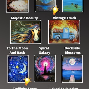 May include: A collage of ten different painting designs for a paint and sip event. The designs include a lake scene with autumn leaves, a zodiac sign, a turtle in a bay, a horse, a vintage truck, a moon and stars, a spiral galaxy, a cherry blossom tree, a forest at twilight, and a sunrise over a lake.
