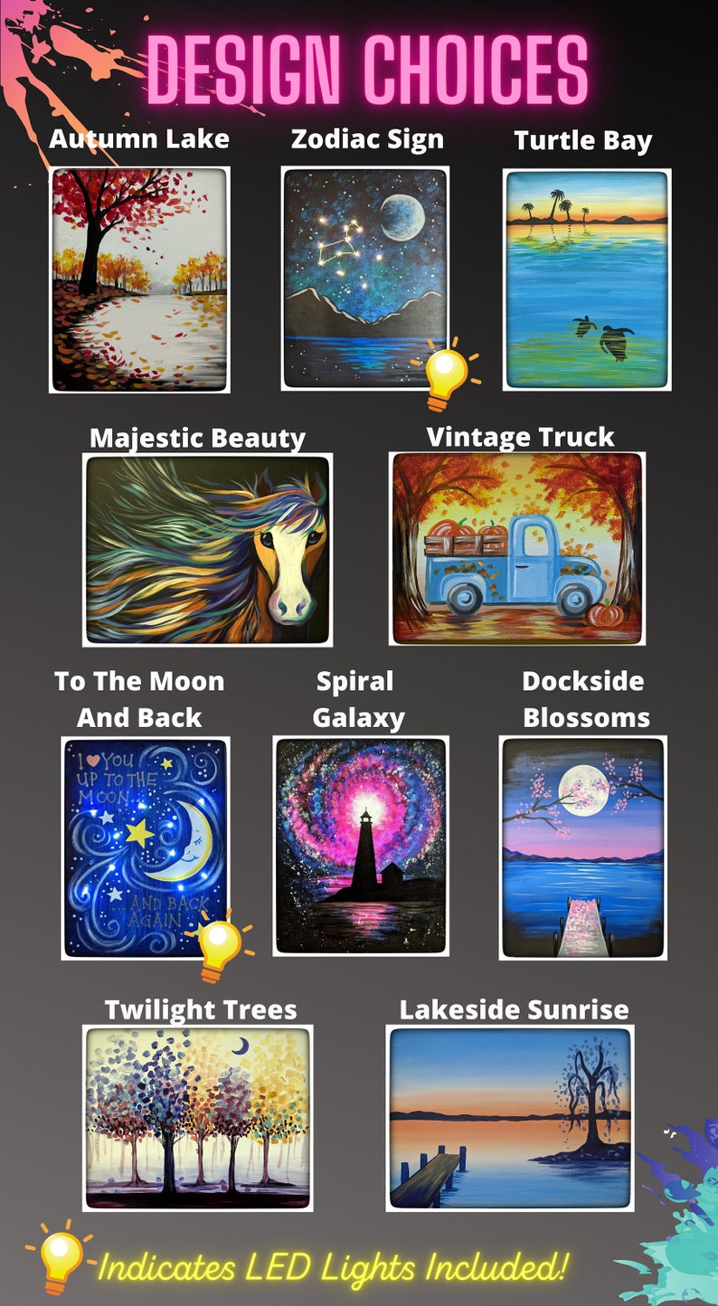 May include: A collage of ten different painting designs for a paint and sip event. The designs include a lake scene with autumn leaves, a zodiac sign, a turtle in a bay, a horse, a vintage truck, a moon and stars, a spiral galaxy, a cherry blossom tree, a forest at twilight, and a sunrise over a lake.