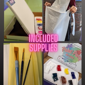 May include: Paint Party in a Box kit with supplies including a canvas, paintbrushes, paint, a plastic apron, and a sheet of paper. The box has the text "Paint Party in a Box" on it.