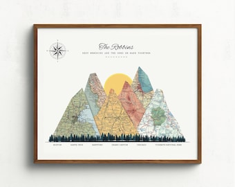 Wedding gift and Anniversary gift for husband, 3-15 Locations Map gift for couples, Christmas gift for mom and dad, Custom Mountain wall art