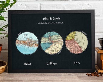 3 Location Maps, Adventure Vintage Map Print, Custom City Travel Map Anniversary Gifts for Couples Engagement Gift Boyfriend Christmas Gifts