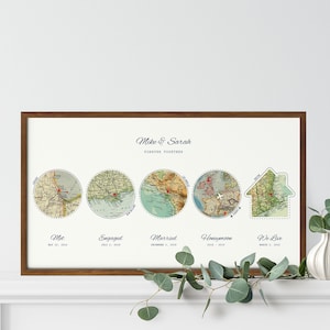 May include: A framed print with a vintage map design. The print features five circular maps with red pins marking locations and dates. The text "Mike & Sarah Forever Together" is at the top of the print.