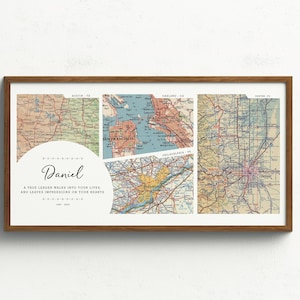 May include: A framed print with a collage of vintage maps of different cities. The maps are in shades of brown, green, blue, and yellow. The text "Daniel" is in a circle in the center of the print, along with the quote "A true leader walks into your lives and leaves impressions on your hearts".