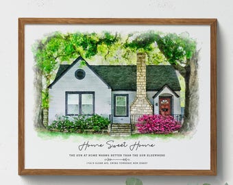 May include: A watercolor painting of a house with a red door and a chimney. The house is surrounded by green trees and bushes. The text "Home Sweet Home" is written below the house, along with the address "1760 Olden Ave, Ewing Township, New Jersey".