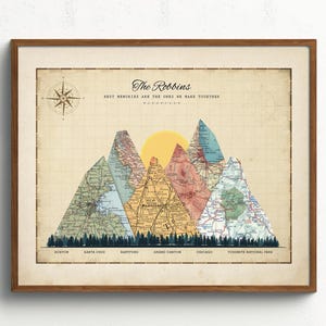 Personalized Adventure Mountain Maps 3-20 Locations Travel Art, Personalized Adventure Poster, Anniversary & Wedding Gift, Couple Wall Decor