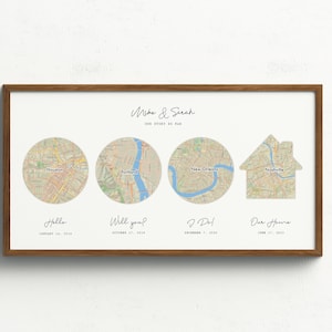 May include: A framed print with a map of four cities, Houston, Portland, New Orleans, and Nashville. The cities are arranged in a row with the text "Mike & Sarah" and "Our Story So Far" above the maps. The text "Hello", "Will you?", "I Do!" and "Our Home" are below the maps with dates.