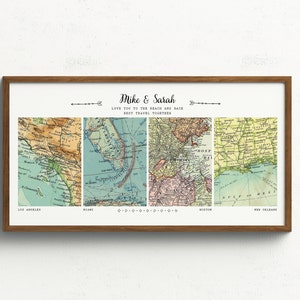 4 Locations Cotton Anniversary Travel Map Prints | Personalized Couple Photos Map | Adventure Gift for Husband | 2nd Anniversary Travel Map