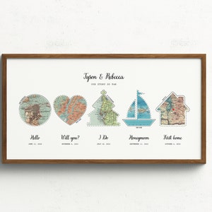 May include: A framed print with a map-themed timeline of a couple's relationship. The print features five maps in different shapes, including a circle, heart, house, and boat. Each map is labeled with a milestone in the couple's relationship, such as "Hello", "Will you?", "I Do", "Honeymoon", and "First home". The print is titled "Tyson & Rebecca Our Story So Far".