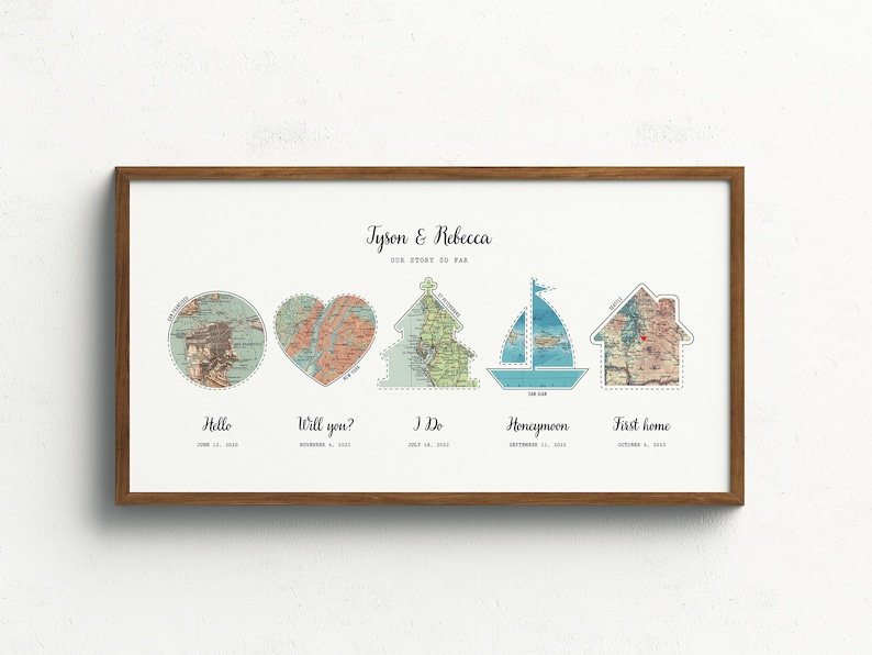 May include: A framed print with a map-themed timeline of a couple's relationship. The print features five maps in different shapes, including a circle, heart, house, and boat. Each map is labeled with a milestone in the couple's relationship, such as "Hello", "Will you?", "I Do", "Honeymoon", and "First home". The print is titled "Tyson & Rebecca Our Story So Far".