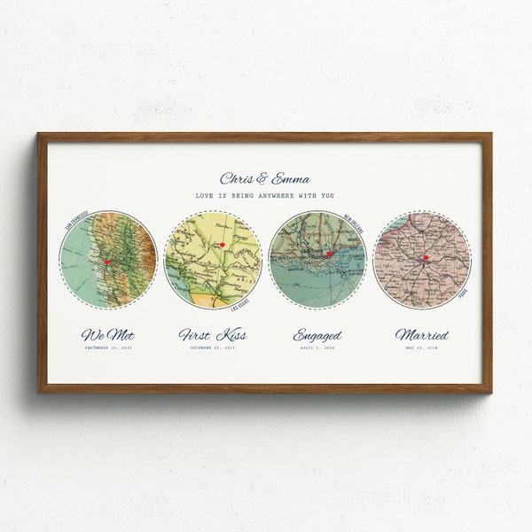 Personalized Adventure 4 location Map Prints, Hello, Will you, I Do, Anniversary Gifts for Him, Met Engaged Married, Couple Travel maps Gift