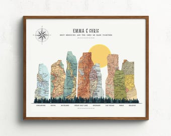 Custom Travel Adventure Map | Anniversary Gift for Couples | Personalised Mountain Wall Art with 3-20 Map Locations | Christmas Gift for Dad