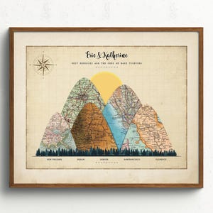 May include: A vintage-style map print with a mountain range design. The mountains are divided into sections labeled "New Orleans", "Berlin", "Denver", "San Francisco", and "Florence". The print features a yellow sun and the text "Eric & Katherine, Best Memories Are The Ones We Make Together".