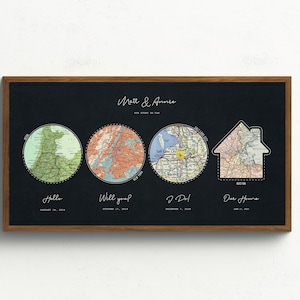 May include: A black framed print with a map of four locations and the text "Matt & Annie Our adventures so far" in white. The locations are labeled "Hello", "Well, you?", "I Do!" and "Our Home".
