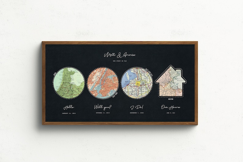 May include: A black framed print with a map of four locations and the text "Matt & Annie Our adventures so far" in white. The locations are labeled "Hello", "Well, you?", "I Do!" and "Our Home".