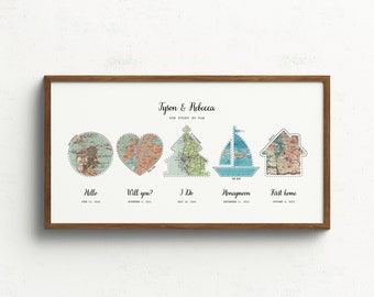 Hello, Will you, I Do, Honeymoon, First Home Map Print | We Met, Our First Date, Our First Kiss, We Engaged, We Married Couple Map Print Art