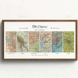 May include: A framed print with a vintage map design featuring six different cities: Salt Lake City, Banff, San Antonio, Seoul, Tokyo, and Paris. The title of the print is "The Coopers Best Adventures".