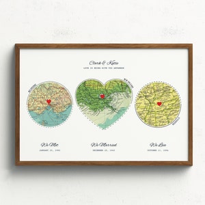 Christmas Gifts, Wedding Gift & Anniversary Gift for couples, Personalized Adventure Map 3 locations mountain wall art, Custom Travel Poster