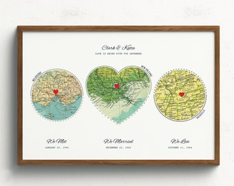 Christmas Gifts, Wedding Gift & Anniversary Gift for couples, Personalized Adventure Map 3 locations mountain wall art, Custom Travel Poster