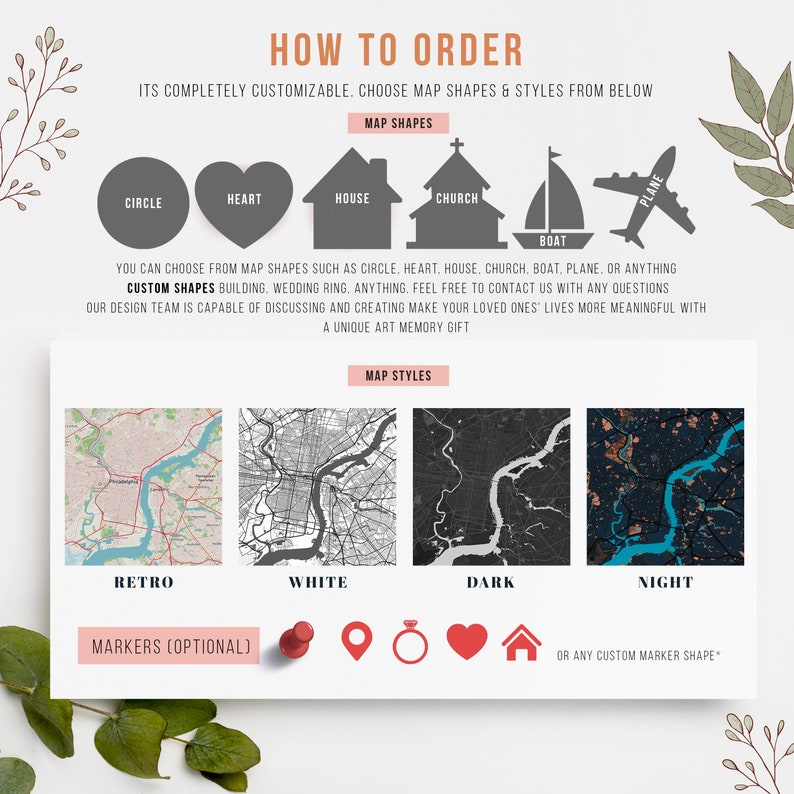 May include: How to order a custom map art print. Choose from map shapes like circle, heart, house, church, boat, or plane. Select from map styles: retro, white, dark, or night. Add optional markers like a pin, ring, heart, or house.