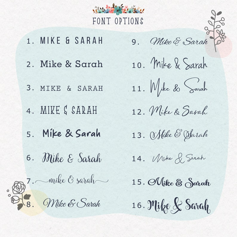 May include: A graphic showing 16 different font options for the names "Mike & Sarah". The fonts range from simple and modern to more traditional and elegant.