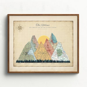 Personalised Adventure Mountain Map Print 3-15 locations mountain wall art,Wedding Gift & Anniversary Gift for couples,Custom Travel Poster