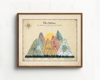 Personalised Adventure Mountain Map Print 3-15 locations mountain wall art,Wedding Gift & Anniversary Gift for couples,Custom Travel Poster