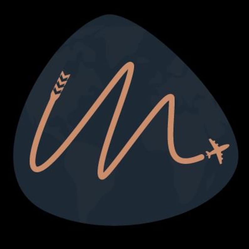 May include: A travel-themed graphic with a dark blue shape on a black background. A tan-coloured line, like a flight path, curves across the shape. An aeroplane icon marks the end of the line, and an arrow design starts the path.