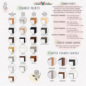 May include: A chart showing different frame sizes and styles for artwork. The chart includes beveled, thin, wide, and rustic frames, as well as floater framed canvas. The frame options are shown in a variety of colors, including natural, black, espresso, gold, white, gray, silver, and walnut.