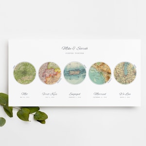 May include: A white card with a blue and black text that reads "Mike & Sarah Forever Together". The card features five circles with vintage maps inside. Each circle has a title and date, including "Met May 22, 2014", "First Kiss July 2, 2016", "Engaged February 5, 2018", "Married September 12, 2018", and "We Live March 2, 2022".