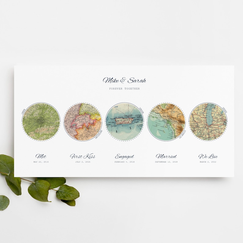 May include: A white card with a blue and black text that reads "Mike & Sarah Forever Together". The card features five circles with vintage maps inside. Each circle has a title and date, including "Met May 22, 2014", "First Kiss July 2, 2016", "Engaged February 5, 2018", "Married September 12, 2018", and "We Live March 2, 2022".