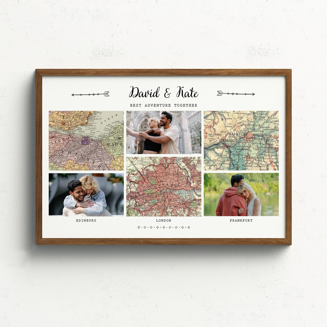 Couple Photos With Maps Personalized Travel Art for Couple Map Prints