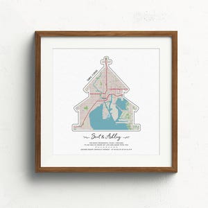 May include: A framed print of a map of Tampa, Florida, shaped like a house. The text "Scott & Ashley" is printed below the map.