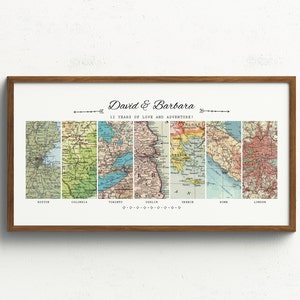 May include: A framed print featuring vintage map segments, showcasing locations like Boston, Toronto, and London. The print is personalized with the names "David & Barbara" and the text "12 YEARS OF LOVE AND ADVENTURE!" in elegant script.
