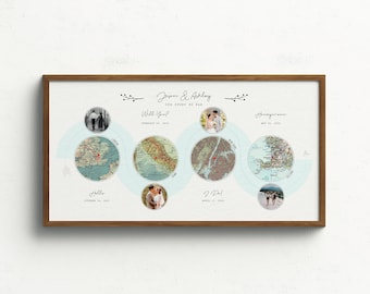 Family Travel Maps | Our Story So Far Map Prints | Met Engaged Married Honeymoon We Live | Personalized Couple Story Map Print with Photos