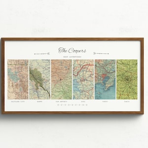 May include: A framed print with a vintage map design featuring six different cities: Salt Lake City, Rome, San Antonio, Seoul, Tokyo, and Paris. The print has the text "The Coopers Best Adventures" at the top.