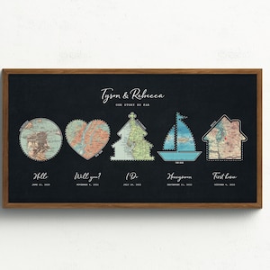 May include: A black framed print with a map design showing the timeline of a couple's relationship. The print features the couple's names, "Tyson & Rebecca", and the title "Our Story So Far". The map design includes five locations, each representing a significant milestone in their relationship: "Hello", "Will you?", "I Do", "Honeymoon", and "First Home".