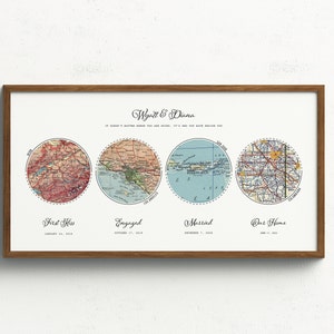 May include: A framed print with four vintage maps depicting locations and dates for a couple's milestones: "First Kiss", "Engaged", "Married", and "Our Home". The print is titled "Wyatt & Diana".