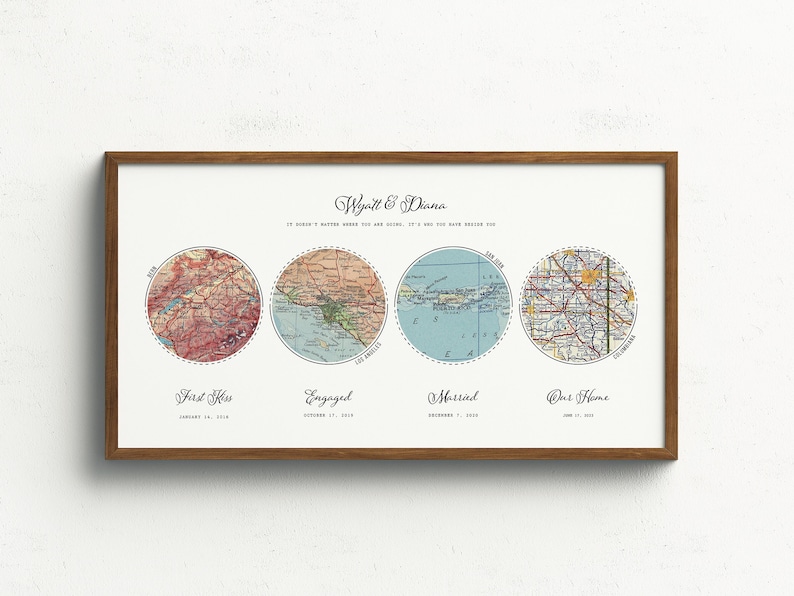 May include: A framed print with four vintage maps depicting locations and dates for a couple's milestones: "First Kiss", "Engaged", "Married", and "Our Home". The print is titled "Wyatt & Diana".