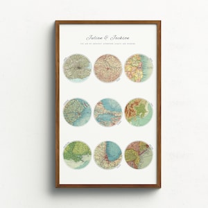May include: A framed print with a white background and nine vintage maps of different cities around the world. The text "Julian & Jackson" and "You are my greatest adventure always and forever" is printed at the top of the print.