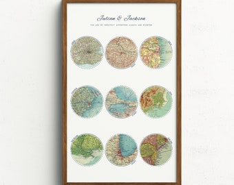 9 Location Maps - Personalized Wedding Gifts for couples, Adventure Circle Map Prints, Anniversary Gifts for him and her,Custom Travel Print