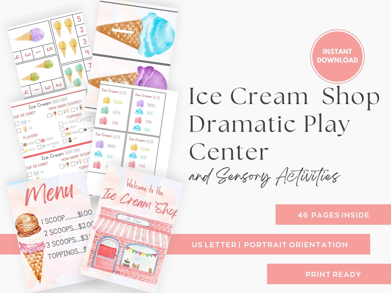 Ice Cream Shop Dramatic Play Center and Sensory Bin Activities