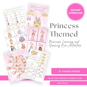 Princess Theme Learning Printables for preschool and kindergarten, sensory bin activities, worksheets and activities, Learning bundle, PreK