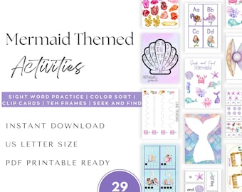 May include: A printable pack of 29 mermaid-themed educational activities for kids. The pack includes sight word practice, color sorting, clip cards, ten frames, and seek and find activities. The activities are designed for US letter size paper.