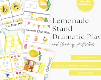 May include: A printable set of 42 pages for a lemonade stand dramatic play and sensory activities. The set includes a lemonade stand menu, recipes for different lemonade flavors, and play dough mats. The pages are designed in a watercolor style with lemons, pitchers, and other summery elements.