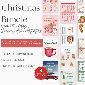 May include: A printable Christmas bundle for dramatic play and sensory bin activities. The bundle includes four play centers: a hot cocoa stand, a Christmas tree farm, a Christmas bakery, and Santa's workshop. The image shows a variety of printable signs, menus, and play money.