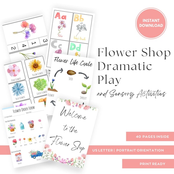 Flower Shop Dramatic Play Center, Flower Market, Sensory Activities, Play Dough Mats, Pretend Play for Kids,INSTANT DOWNLOAD- PDF Printable