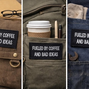 Toppa ricamata "Alimentato da caffè e cattive idee"